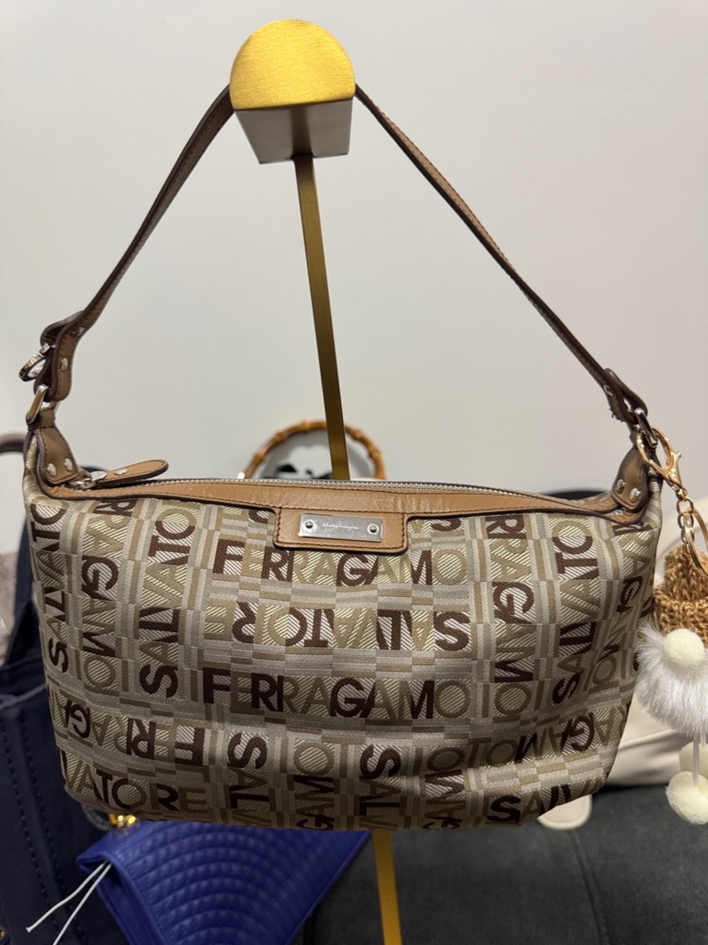 Salvatore Ferragamo Brown Beige Logo Jacquard Shoulder Bag